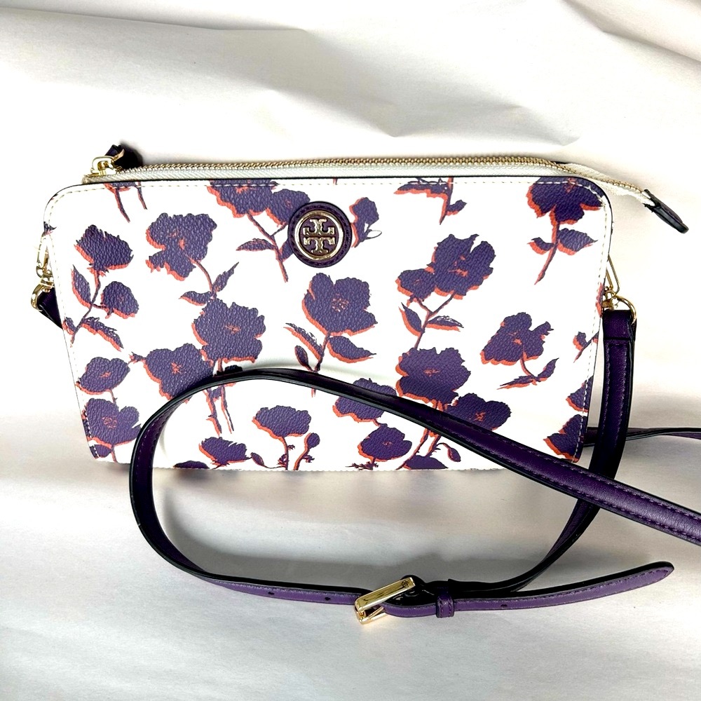 Like New! TORY BURCH Crossbody Kerrington Floral Posies Bag, Dark Purple & Cream